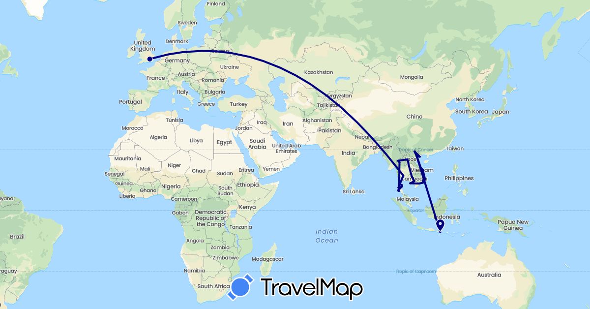 TravelMap itinerary: driving in United Kingdom, Indonesia, Cambodia, Laos, Thailand, Vietnam (Asia, Europe)